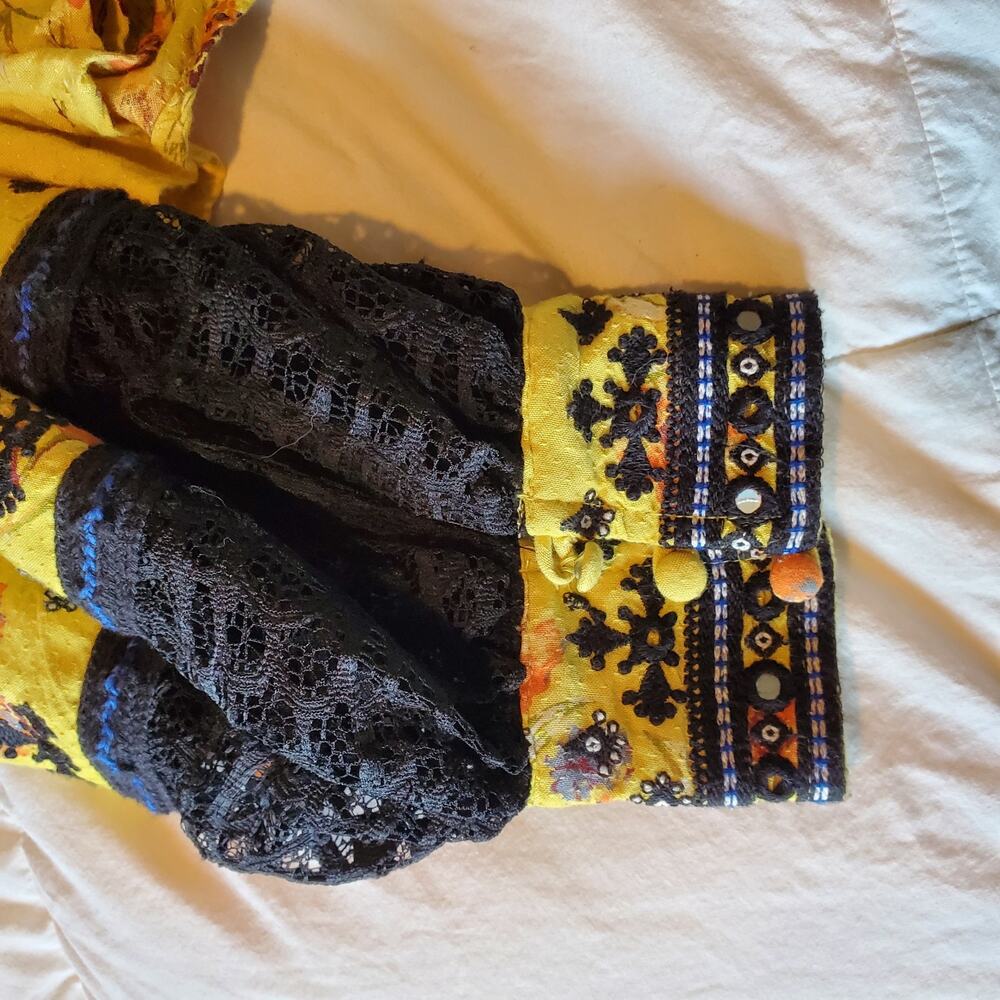 Free People Boogie All Night Yellow Boho Embellished Floral Blouse - Picture 4 of 8
